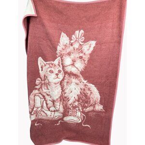 Vtg 80S Cannon Ibena Blanket Yorkie Puppy & Kitten Dolan Acrylic Cotton 55x78